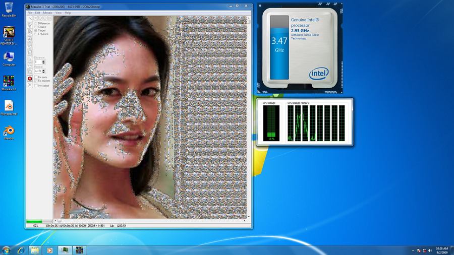 Screenshot of Intel i7 system with running Mazaika photo mosaic software.