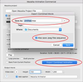 Press Export Combined Animation button and enter a name for the exported movie.